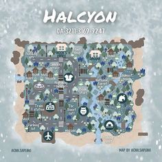 a map of halcyon in the winter with trees and snowflakes on it