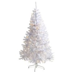 a white artificial christmas tree with lights on it's base and an upside down stand