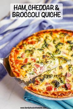 ham, cheddar and broccoli quiche on a serving platter