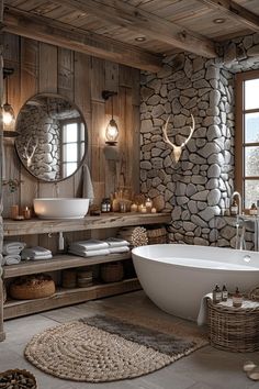 a rustic bathroom with stone walls and flooring is seen in this image from the front