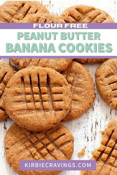 peanut butter banana cookies on a white wooden table with text overlay reading flour free peanut butter banana cookies