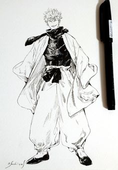 an ink drawing of a man with a cape on his head, standing next to a pen