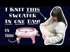 a woman holding her sweater in front of a sewing machine with the words i knit this sweater in one day on it