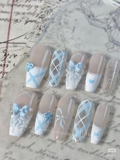 Cute Nail Designs Korean, Light Blue Nails With Diamonds, Cinnamonroll Nails Designs, Blue Asian Nails, Blue And White Wedding Nails, Manhwa Nails, Purple Korean Nails, Nail Ideas Coquette