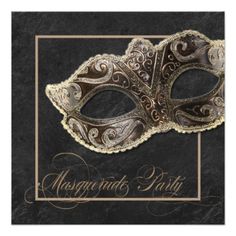 a black and gold masquerade party card with an ornate mask on the front