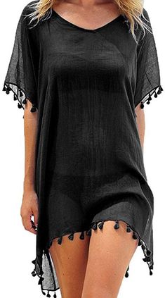 This lightweight, loose fit cover up is perfect for vacation or a day at the beach. It's made of a breathable chiffon type fabric and features tassels for a boho detail. It layers and looks great over your favorite swimsuit. The relaxed fit is flattering on all body types. Fits size 0-16 Lightweight woven fabric Pull over head design Tassel detail 100% Polyester // window.dataLayer = window.dataLayer || []; function gtag(){dataLayer.push(arguments);} gtag('js', new Date()); gtag('config', 'UA-17 Chiffon Beach Dress, Beachwear Swimwear, Boho Beach Dress, Beach Dresses Summer, Boho Summer Dresses, Cover Beachwear, Beach Skirt, Dress Chiffon, Swimsuit Dress