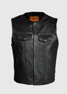 Men's Black Leather CLUB VEST with Concealed Pockets Super soft – Weather-Treated Premium Naked Heavy Duty Cowhide Leather No collar Front closure has hidden snaps and zipper Two upper outside pockets with hidden snaps - one has slot for glasses Two roomy snap pockets on the lower front sides Two concealed carry pockets with elastic positioning straps Large hook and loop fastened cell phone pocket on inner left side Soft, comfortable, durable, and attractive. This weather-treated beautiful Black Leather CLUB VEST® with Concealed Pockets has it all. The outside is black leather with no collar, and the inside is bright orange fabric. The front closure is snapped and zipped, both of which are hidden. The top outer pockets also have hidden snaps, and one has a slot for glasses. The two side po Motorcycle Club, Leather Gear, Motorcycle Clubs, Biker Leather, Mens Black Leather, Orange Fabric, Leather Vest, Mens Vest, Bright Orange