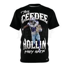 A Cowboys Nation must have!! This exclusive custom design Inspired by CeeDee Lamb's massive contract extension and his standout performances on the field. 💙 This tee features the playful phrase, "They CeeDee Rollin, They Hatin." After securing one of the biggest contracts in the NFL, CeeDee is now rolling in cash, and this shirt is the perfect way to celebrate both his talent and success. Available in both lightweight (4oz) and midweight (6oz) options, this shirt is built for comfort on game day and beyond. Whether you're at the game, watching from home, or repping your team around town, this tee delivers both style and attitude wherever you go. Crafted from premium 100% microfiber-knit polyester, this shirt is designed to feel as good as it looks. The bold, vibrant design resists fading Team-colored Short Sleeve Sublimation Design For Streetwear, Streetwear Sublimation T-shirt With Team Name, Streetwear Sublimation Short Sleeve With Team Name, Football Season Sublimation Print T-shirt, Ceedee Lamb, Dallas Cowboys Tshirts, Cow Boys, Cowboys Nation, Cow Boy