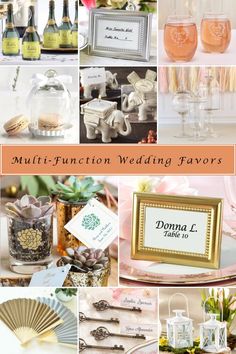 wedding favors, wine glasses and other items are arranged in this collage with the words'multifunction wedding favors '