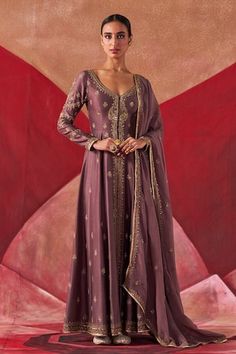 Violet jacket anarkali featuring golden dori and aari hand embroidery. Paired with a pant and a sheer dupatta. - Aza Fashions Jigar Mali, Shaadi Outfits, Kurta And Sharara, Indian Closet, Rhea Kapoor, Sanya Malhotra, Mira Rajput, Designer Anarkali, Tarun Tahiliani