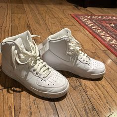 White High Top Nike Air Force Ones. Men’s Size 9. Brand New! Worn Once. I Wish I Could Steal Them For Myself. My Husband Never Wears Them So Whatever Maybe I’ll Buy Myself Some With The Money I Make Off Of Them. White High Top Nike, High Top Nike Air Force, Nike Air Force 1 Mid Off White, Nike Air Force 1 Flyknit 2 White Pure Platinum Hightop, White Mid-top Nike Air Force 1, White Nike Air Force 1 Mid-top Synthetic, High Top Nike, White Synthetic Nike Air Force 1 Mid-top, Nike Sfb