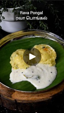 a green plate with food on it and a bowl in the background that says ravia pongal