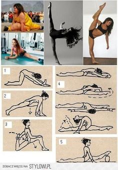 an image of a woman doing yoga poses in various pictures, including one with her legs spread out and the other with her leg up