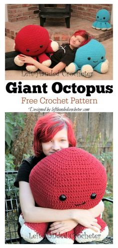 two photos with the text giant octopus free crochet pattern