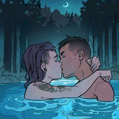 a man and woman are kissing in the water with trees behind them at night time