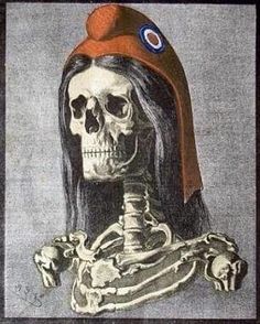 a drawing of a skeleton wearing a red hat