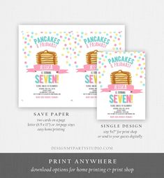 two printable pancakes birthday party flyers with polka dots and pink ribbon on the bottom