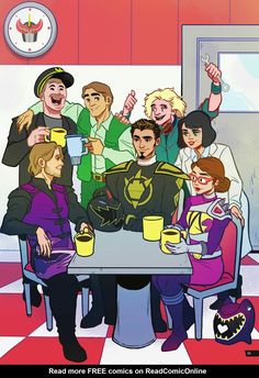 a group of people sitting at a table with cups in front of them and the caption reads read more free comics on reading online