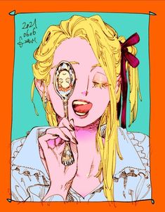 a drawing of a woman holding a magnifying glass in front of her face