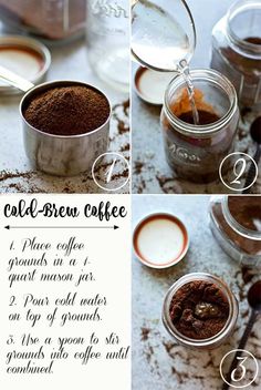 coffee is being made in small glass jars