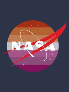 the nasa logo with an orange, purple and red stripe in the center on a dark background