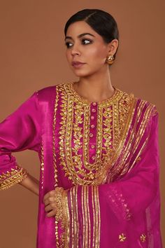 Fuchsia silk anarkali with gota, sequins and pearls hand embroidery. Comes with salwar and an organza dupatta. - Aza Fashions Silk Anarkali, Anarkali Salwar, Embroidered Anarkali, Organza Dupatta, Fashion App, Set For Women, Anarkali, Aza Fashion, Hand Embroidered