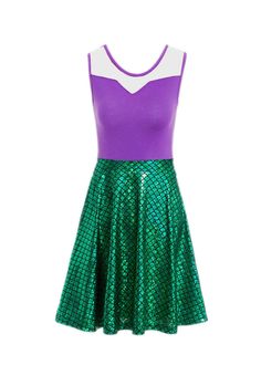 a green and purple dress on a white background