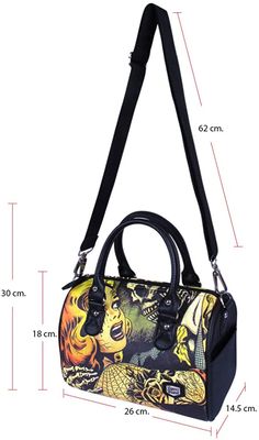 Horror B Movie Cartoon print Zipper Closer on top Bowler style handbag Small Bowling Bag: Approximately 7"H x 10"W x 5.5"D (Inches) Comes with detachable shoulder strap Fully Lined with one inside zipper pocket. Full Zipper Enclosure with embossed pulls Gothic Bags With Zipper Closure For Alternative Fashion, Gothic Bags With Zipper Closure For Alternative Style, Black Halloween Shoulder Bag Satchel, Black Satchel Shoulder Bag For Halloween, Black Shoulder Bag Satchel For Halloween, Black Zipper Closure Shoulder Bag For Halloween, Black Shoulder Satchel For Halloween, Gothic Streetwear Bags With Zipper Closure, Gothic Black Bag With Zipper Closure