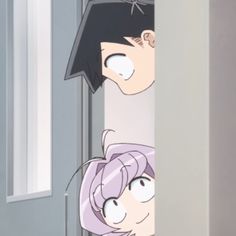 two anime characters are peeking out from behind a door and looking at each other's eyes