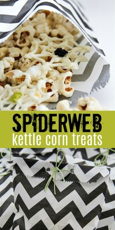 spiderweb kettle corn treats in black and white chevron paper bags