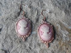 "Beautiful and unique Victorian woman cameo earrings (I have several colors and styles in my shop, so please do browse, and feel free to contact me, for a custom order Perfect gift Timeless classic look, both casual and formal!! The cameo is set in a gorgeous rose gold tone setting, lead and nickel free, which measures about 1 1/2\" x 1 1/4\", please see the photo. These earring come in a variety of colors, finishes, and sets, so please do browse my shop Custom orders always welcome and I will d Cameo Earrings For Gift, Cameo Drop Earrings For Gifts, Victorian Style Pink Earrings For Gift, Pink Victorian Earrings For Gift, Victorian Rose Gold Earrings For Gift, Victorian Style Rose Gold Earrings For Gift, Handmade Vintage Rose Gold Earrings, Rose Gold Victorian Earrings For Gift, Cameo Earrings