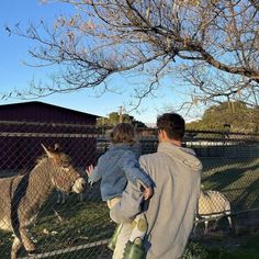 a man and child are looking at a donkey through a fenced in area with trees