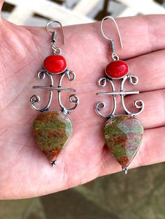 "Unique, natural unakite and red coral earrings: 2.75\" x 1\" in sterling silver, antique silver plated." Coral Drop Earrings, Bloodstone Necklace, Chrysoprase Ring, Red Coral Earrings, Lapis Lazuli Pendant, Coral Earrings, Oxidized Silver, Gorgeous Gift, Red Coral