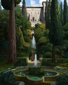 a painting of a large building in the middle of a park with fountains and trees