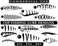 some different types of fishing lure designs on a white background with the words commercial use