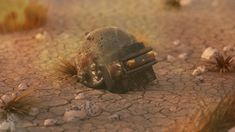 an old helmet sitting in the middle of a desert