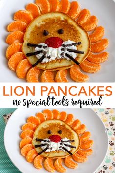 the lion pancakes are decorated with orange slices and whipped cream