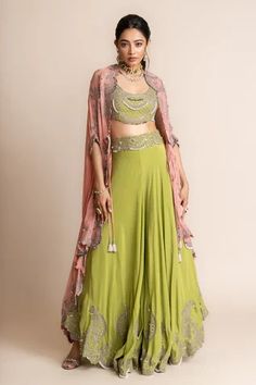 Shop for Nupur Kanoi Green Cape- Georgette Waistband Embroidered Circular Pant Set With Contrast Cape for Women Online at Aza Fashions Cape Style Indian Outfits, Cape Dress Indian, Nupur Kanoi, Green Cape, Cape For Women, Indian Bridesmaid Dresses, Dupatta Style, Haldi Outfit, Mehendi Outfits