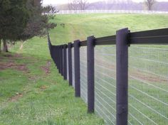 a long black fence is next to a grassy field