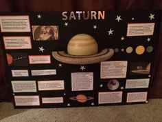 the saturn poster is on display in front of a brown wall with information about it