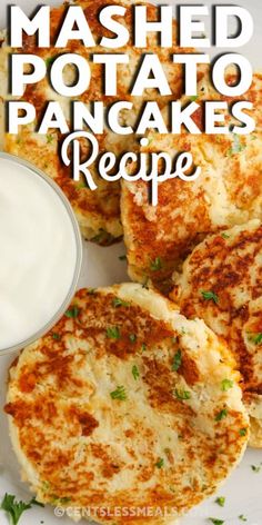 mashed potato pancakes on a plate with ranch dressing