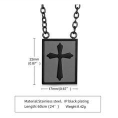 Men's Mini Cross Tag Charm Necklace Details :Made of high quality stainless steel, durable and long lasting, Lead Free, Nickel Free Eco-friendly ,Is very durable and solid.Size: 22mm x 17mm 24 inch Chain You can wear this whenever and wherever. Wear it with fashion,Wear it with upscale dress codes. This fits ALL occasions. Wear this simple but very classy and elegant.The perfect look to compliment your outfit.Perfect for all occasions: anniversary, engagement, party, meeting, dating, wedding, da Durable Black Stainless Steel Jewelry, Black Engraved Cross Pendant Necklace, Black Stainless Steel Necklace With Cross Pendant, Black Stainless Steel Cross Pendant Necklace, Father's Day Black Metal Jewelry, Black Metal Dog Tag Necklace, Black Stainless Steel Dog Tag Necklace, Gray Stainless Steel Jewelry For Gifts, Gray Stainless Steel Jewelry As Gift