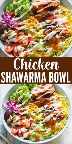 chicken shawarma bowl with lettuce, tomatoes, onions and dressing in it