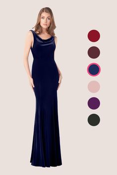 a woman in a long blue dress standing next to different color swatches and colors