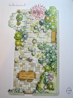 a drawing of a stone wall with flowers and bench in the middle, surrounded by greenery