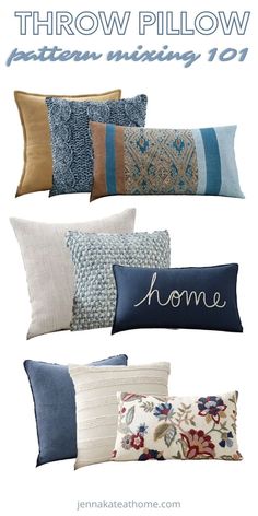 pillows with the words throw pillow pattern making 101 in different colors and designs on them