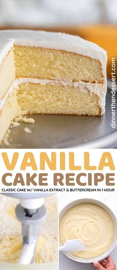 vanilla cake recipe with cream cheese frosting on the top and bottom layer, in front of