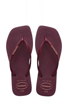 A tonal logo adds a subtle signature to the strap of this lightweight flip-flop grounded on a comfy rice-textured footbed. Water-resistant Synthetic upper and lining/rubber sole Made in Brazil Slim Logo, Best Flip Flops, Logo Flip Flops, Kids Clogs, Printed Flip Flops, Pretty Shoes Sneakers, Rubber Flip Flops, Kids Flip Flops, Square Logo