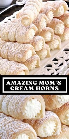 several different types of pastries sitting on a white tray with the words amazing mom's cream horns