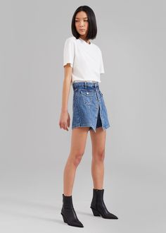 Color: Medium Wash Midweight denim Mini length Shorts with skirt paneled detailing Belt loops Front flap patch pockets Back patch pockets Front button closure Zip fly Unlined 100% Cotton Hand Wash Cold or Dry Clean Imported Shorts With Skirt, Denim Skort, The Frankie Shop, Frankie Shop, Back Patch, Denim Mini, Patch Pocket, Dry Clean, Hand Wash